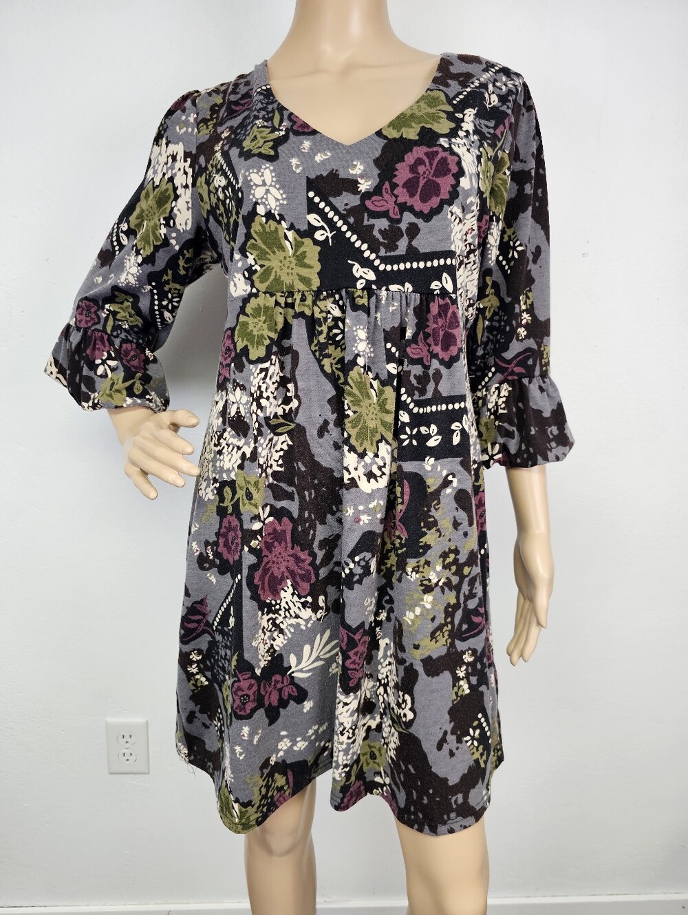Reborn Floral Patchwork Babydoll Knit Dress Black Olive Plum Sz L Coquette Boho